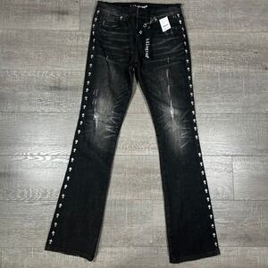 Kilogram Mens Black Distressed Flare Jeans Cross Studded Denim Size 32 0566
